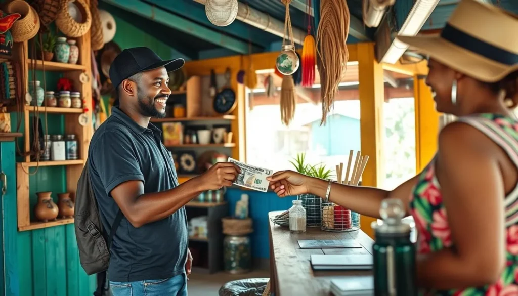 Tourist using local currency at a small shop in Hopkins Village