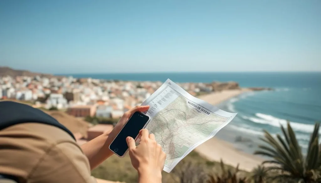 Tourist using mobile phone and map while exploring Bouznika