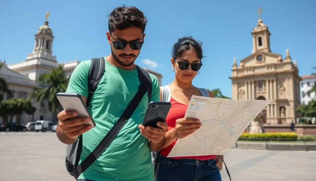 Tourist using mobile phone and map while exploring Ciudad Victoria, Tamaulipas