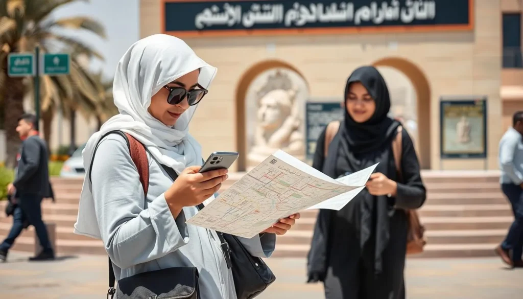 Tourist using mobile phone and map while exploring Dammam attractions Tourist using mobile phone and map while exploring Dammam attractions