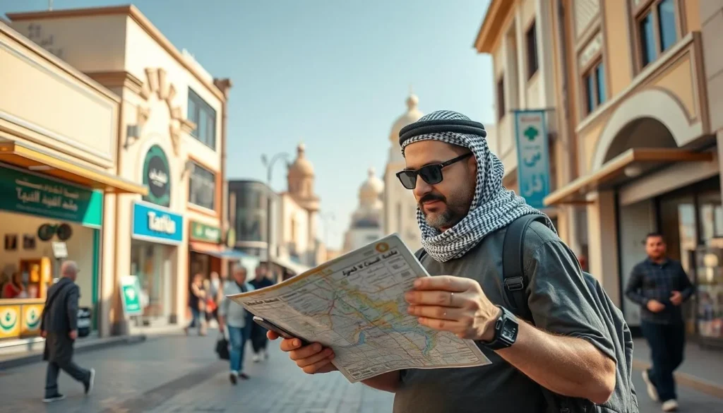 Tourist using mobile phone and map while exploring Tabuk city center, Saudi Arabia Tourist using mobile phone and map while exploring Tabuk city center, Saudi Arabia