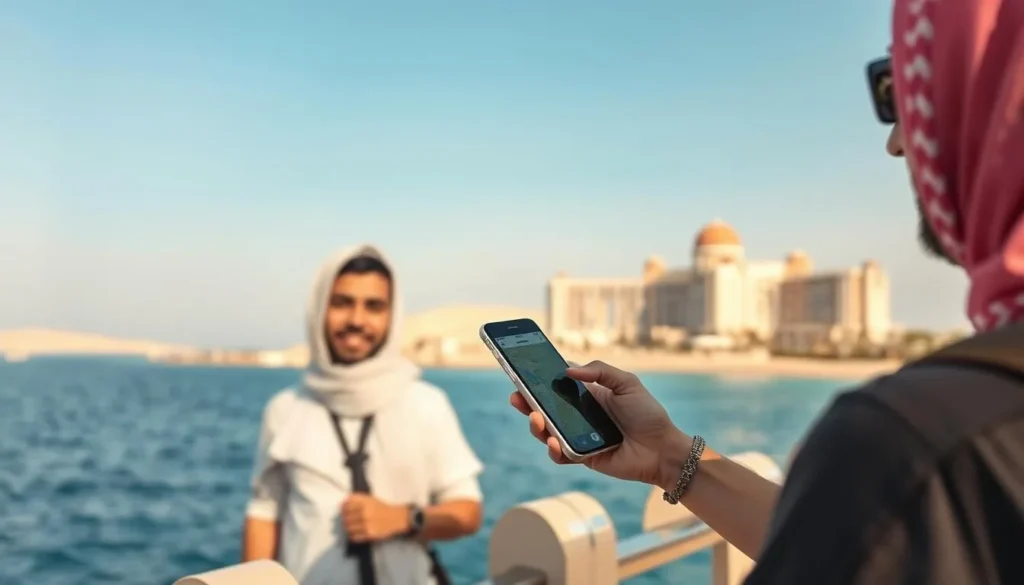 Tourist using mobile phone app while exploring the Red Sea Coast