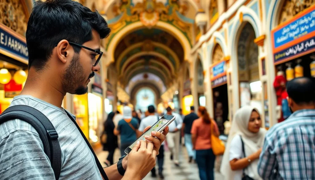 Tourist using mobile phone at Blue Souk (Central Market) in Sharjah, helpful for accessing the best things to do in Sharjah, United Arab Emirates