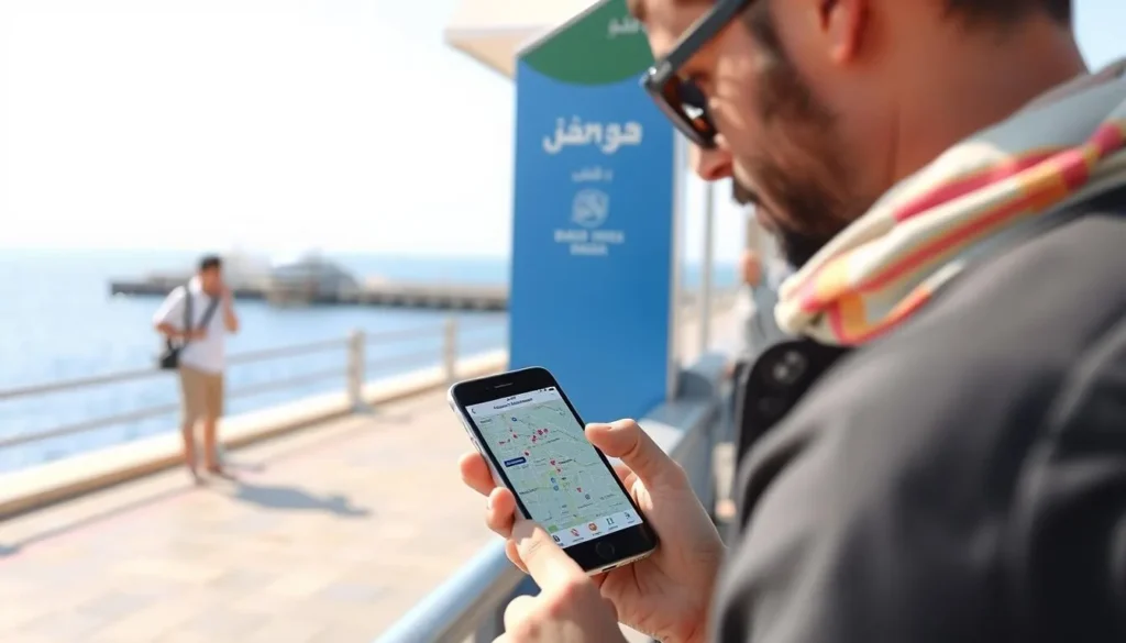 Tourist using mobile phone at Yanbu Corniche with travel apps and maps visible