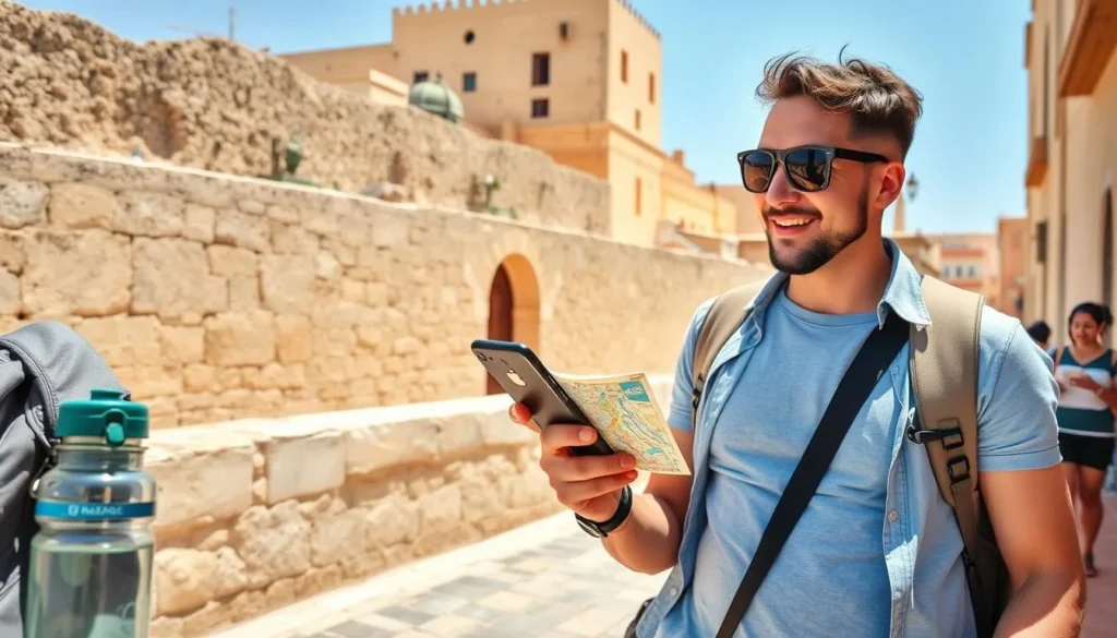 Tourist using mobile phone in Sfax with travel essentials