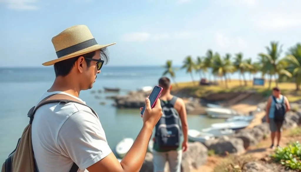 Tourist using mobile phone on Velanai Island with local SIM card Tourist using mobile phone on Velanai Island with local SIM card