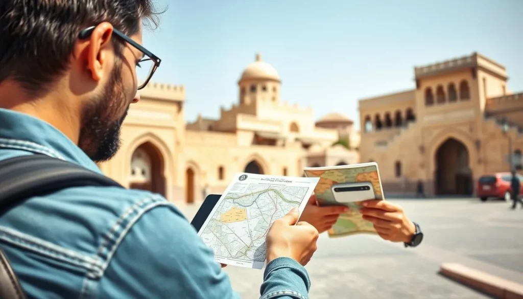 Tourist using smartphone and map while exploring Al-Balad in Jeddah