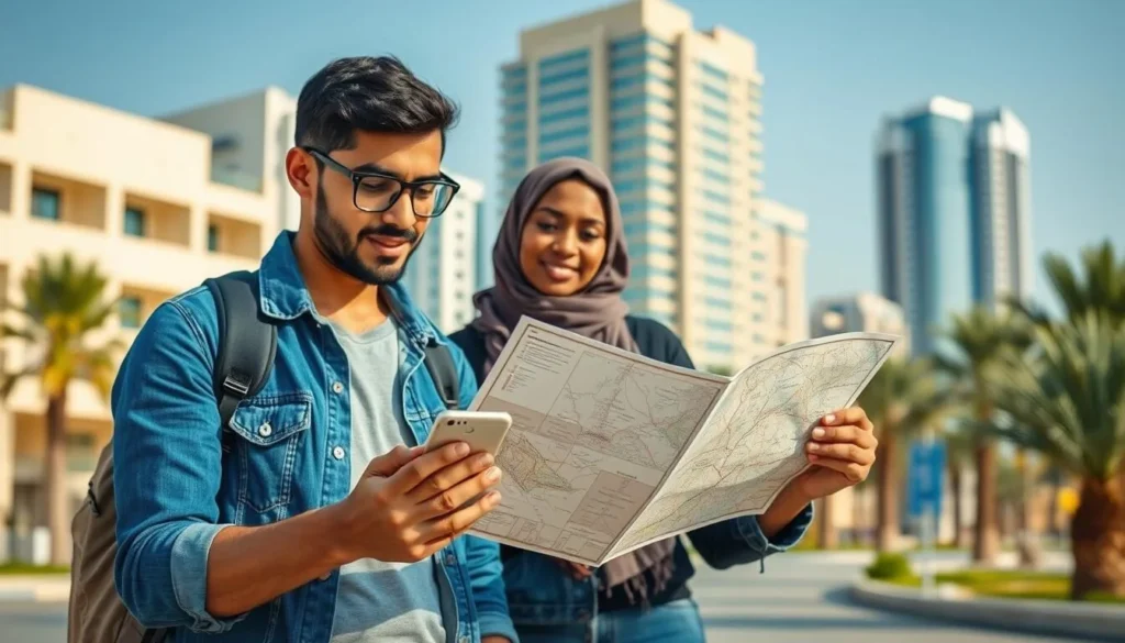 Tourist using smartphone and map while exploring Dhahran