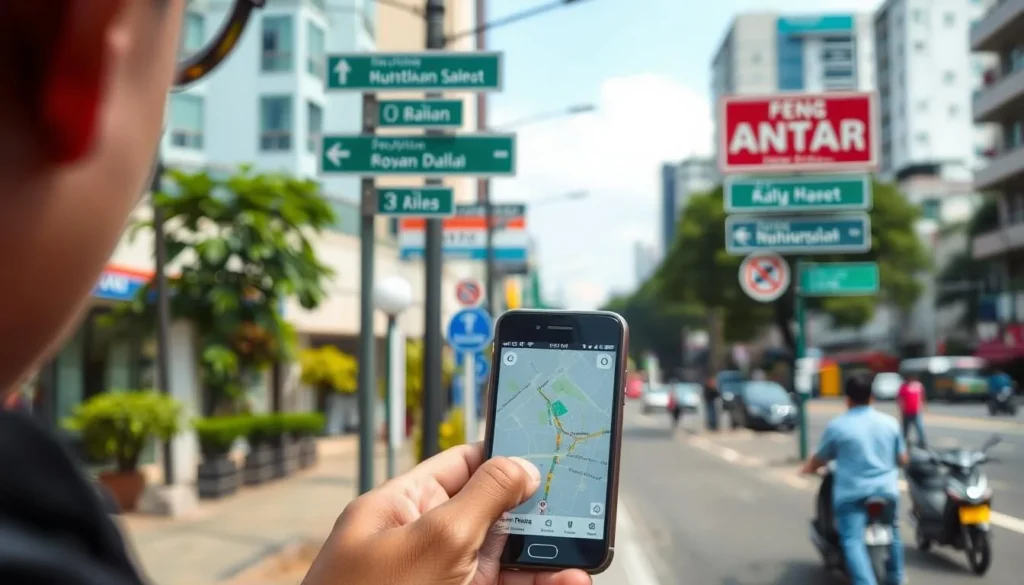 Tourist using smartphone app to navigate Depok city streets Tourist using smartphone app to navigate Depok city streets