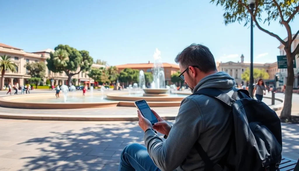 Tourist using smartphone in Mendoza city plaza - Mendoza Argentina things to do