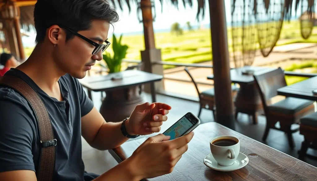 Tourist using smartphone with local SIM card in Bali cafe - Indonesia best things to do