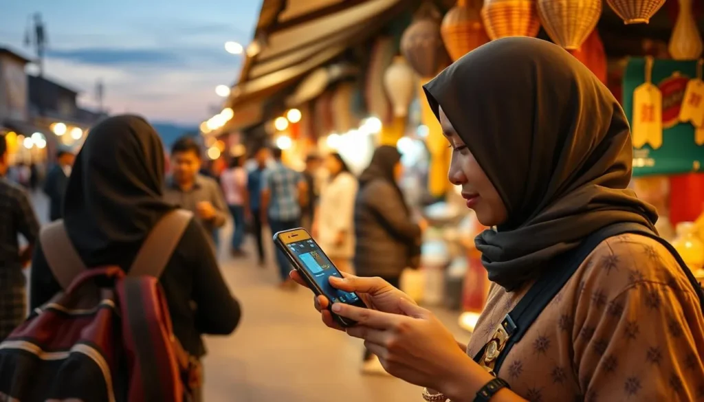 Tourist using smartphone with local SIM card while exploring Ngarsopuro Night Market in Solo