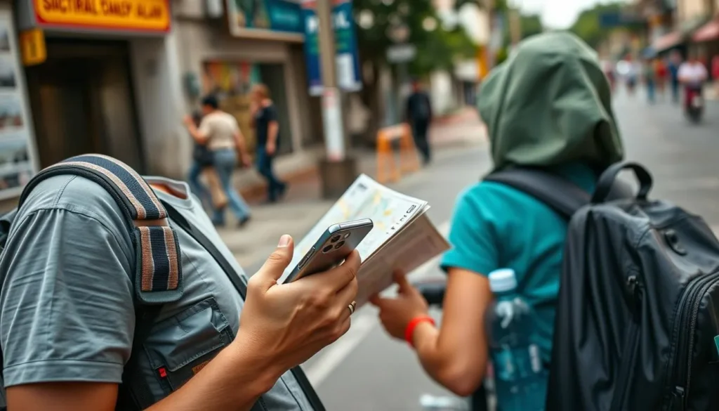 Tourist using smartphone with local SIM card while navigating Surabaya streets with map and guidebook