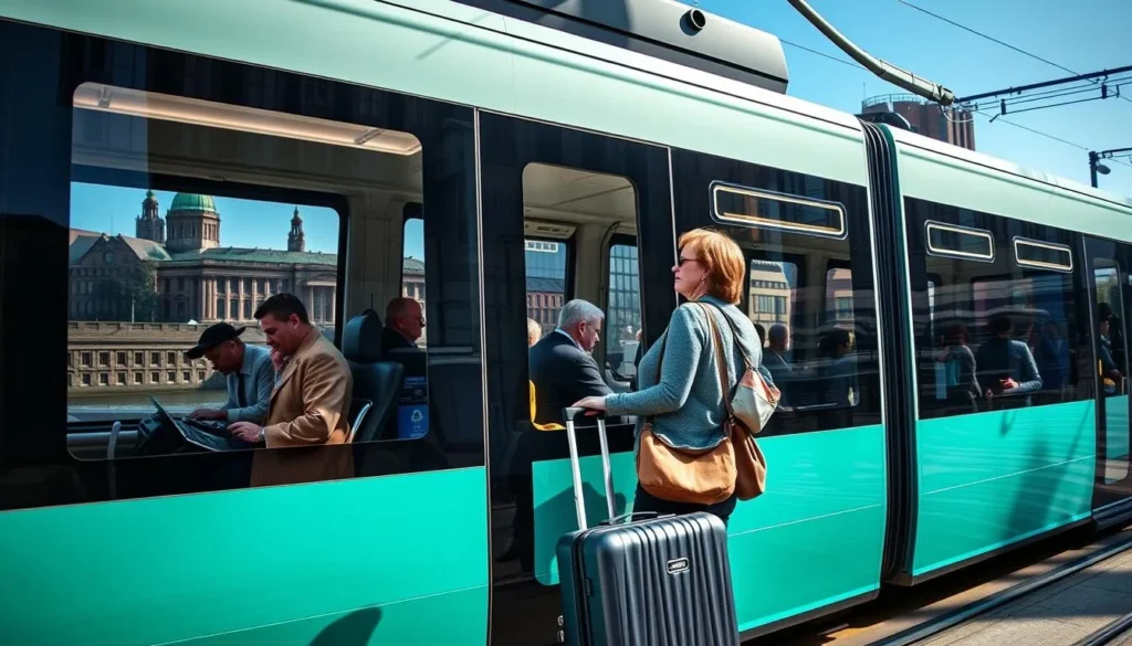 Tourist using the Nottingham tram system with luggage Tourist using the Nottingham tram system with luggage