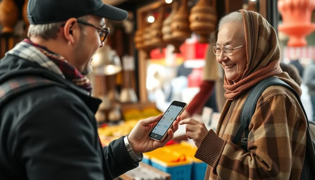 Tourist using translation app to communicate with local vendor in Astrakhan market