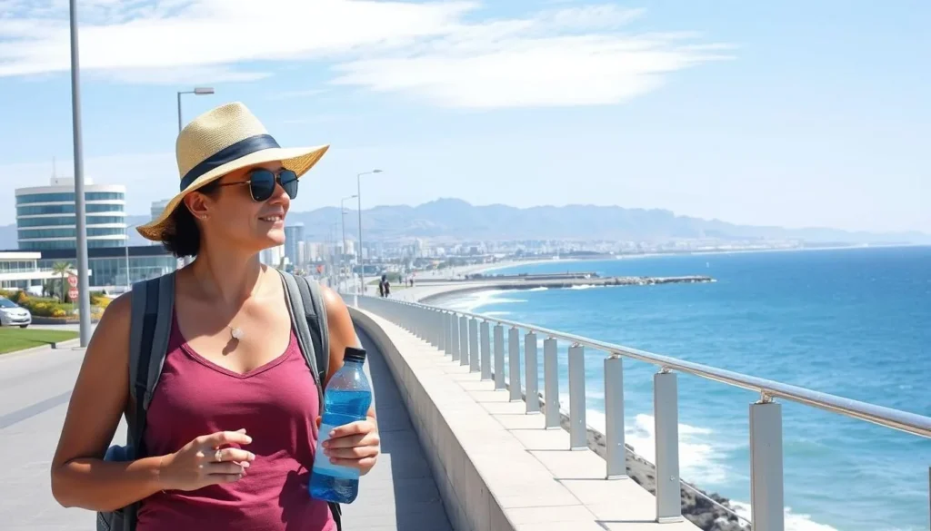 Tourist walking along Antofagasta's coastal promenade
