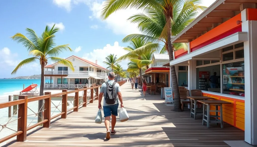 Tourist walking along a boardwalk in Saint Lawrence Gap with shopping bags Tourist walking along a boardwalk in Saint Lawrence Gap with shopping bags