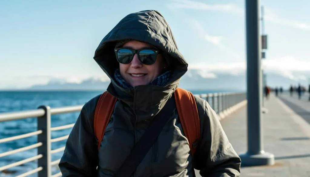 Tourist walking along the windy waterfront of Punta Arenas with proper clothing, essential when visiting