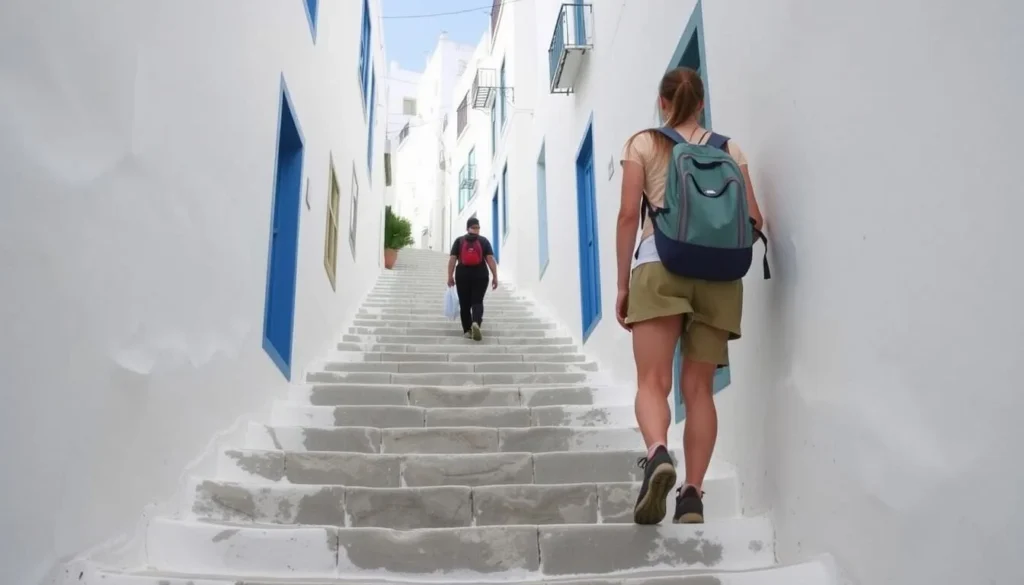 Tourist wearing comfortable hiking shoes exploring the stepped streets of Zaghouan Tourist wearing comfortable hiking shoes exploring the stepped streets of Zaghouan