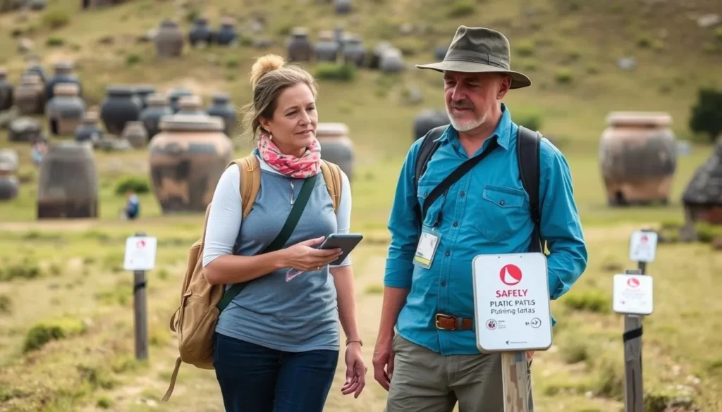 Tourist with a local guide exploring safely marked paths at the Plain of Jars archaeological site