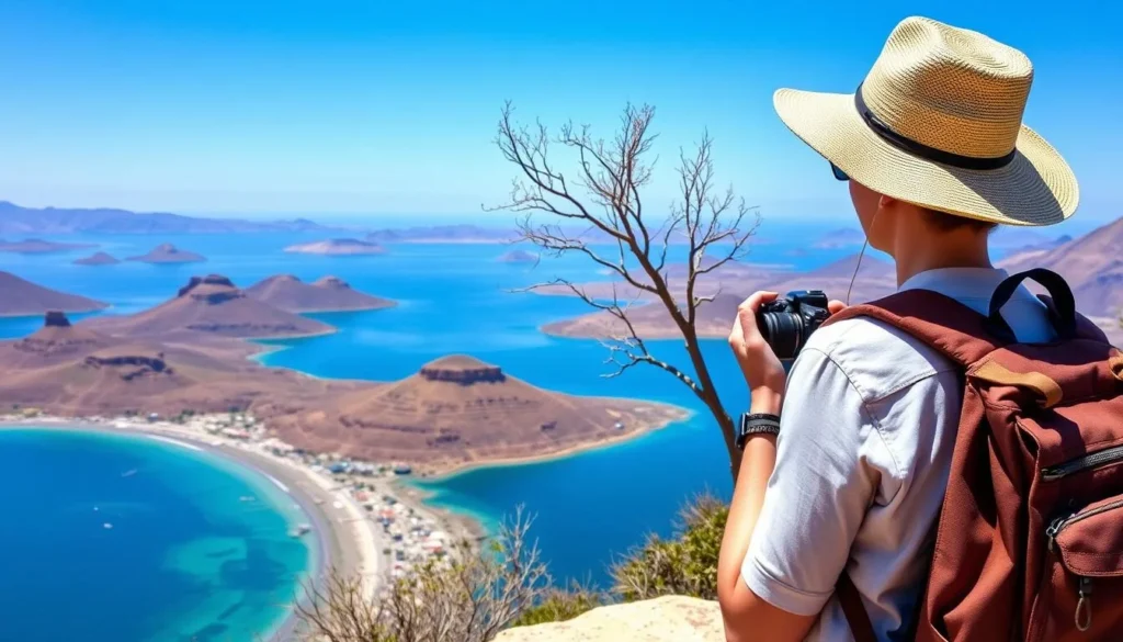 Tourist with backpack and camera enjoying view of Bahia de Loreto National Park