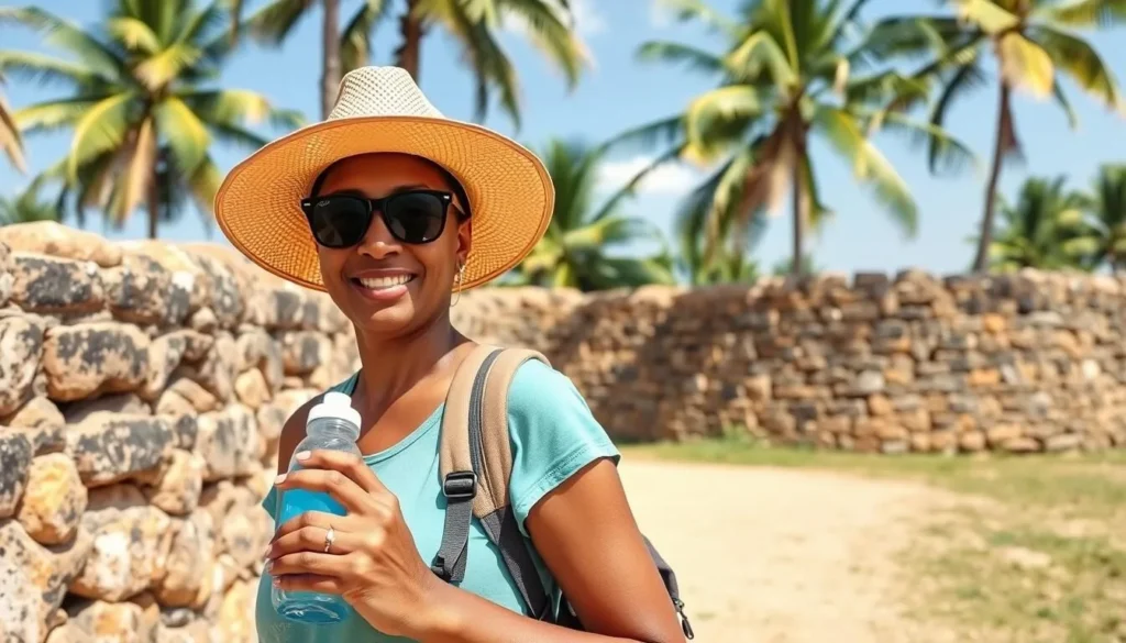 Tourist with backpack and hat exploring Delft Island prepared for the day