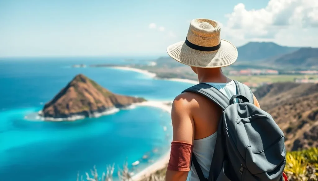 Tourist with backpack and hat looking at view of Isla Partida, Mexico