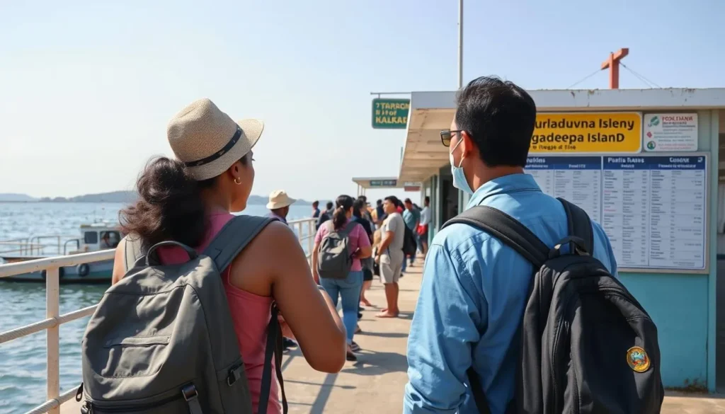 Tourist with backpack checking ferry schedule at Kurikadduwan Jetty