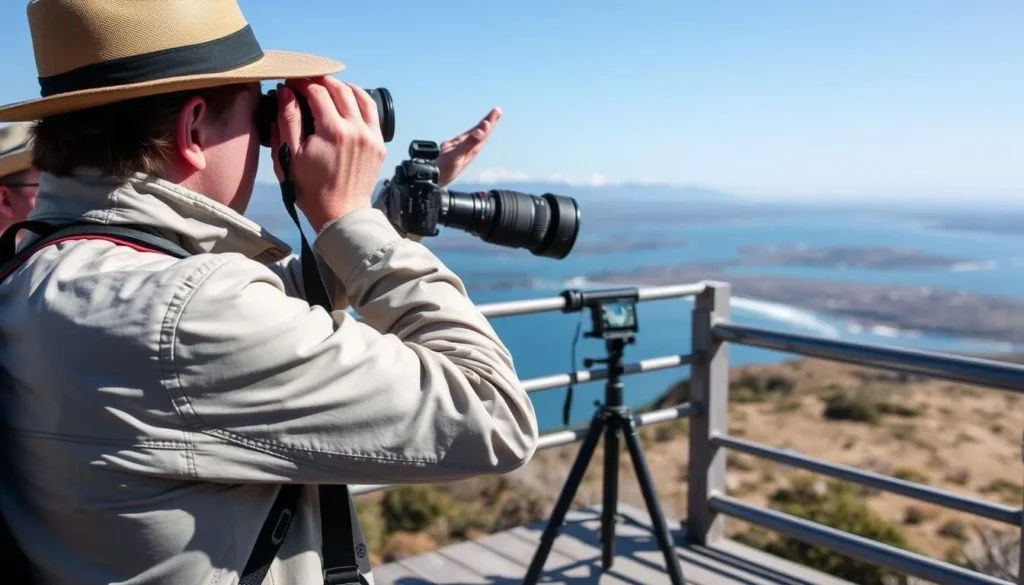Tourist with binoculars and camera at Peninsula Valdes Argentina wildlife viewpoint