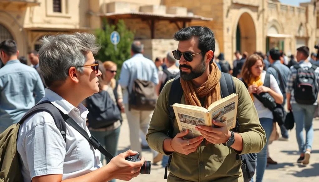 Tourist with local guide exploring Homs with camera and guidebook