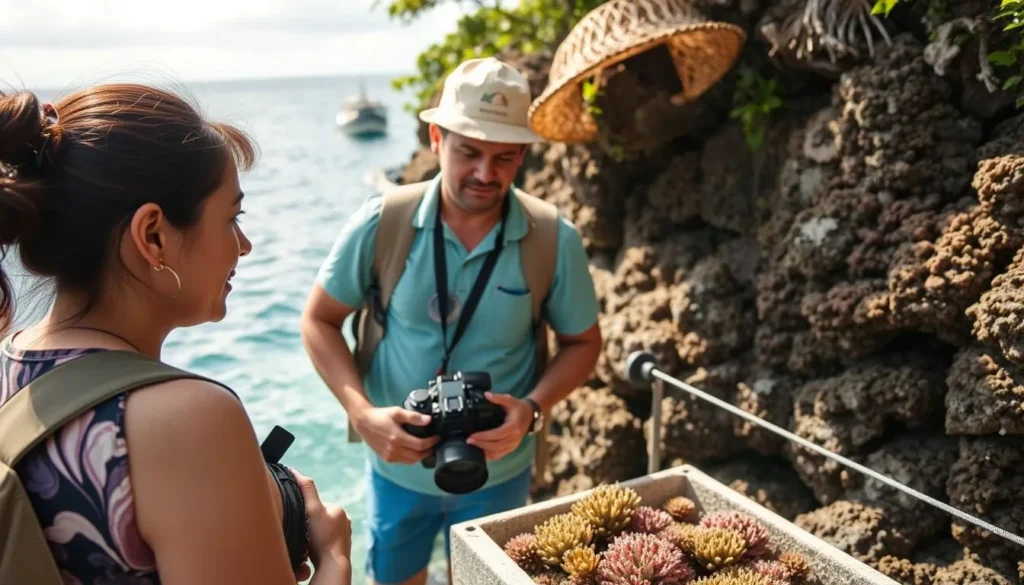 Tourist with local guide learning about coral conservation efforts in Taka Bonerate