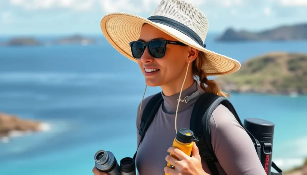 Tourist with proper gear (hat, rash guard, binoculars) enjoying Isla Contoy