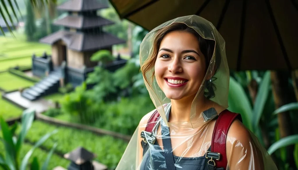 Tourist with proper rain gear during brief tropical shower in Bali