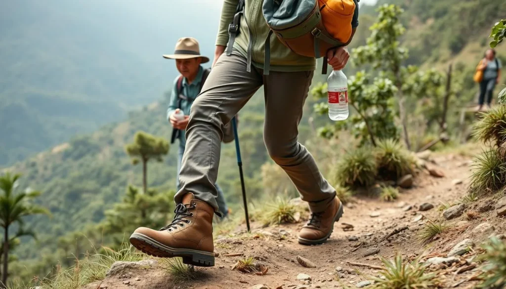Tourist with proper safety gear hiking in Mount Palung National Park with a local guide