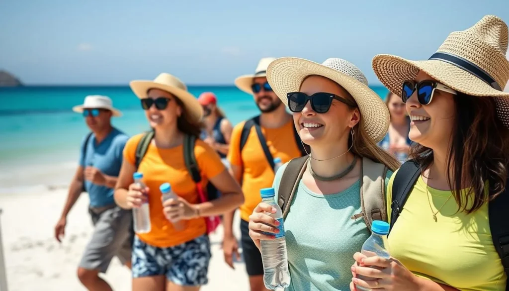 Tourist with proper sun protection enjoying Isla Cerralvo beach