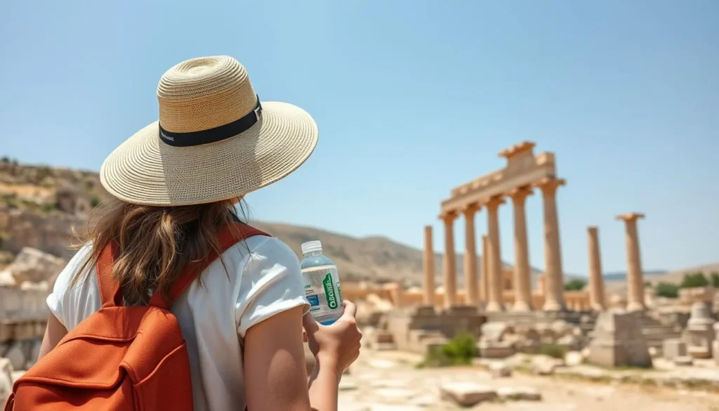 Tourist with water bottle and hat exploring Baalbek ruins on a sunny day