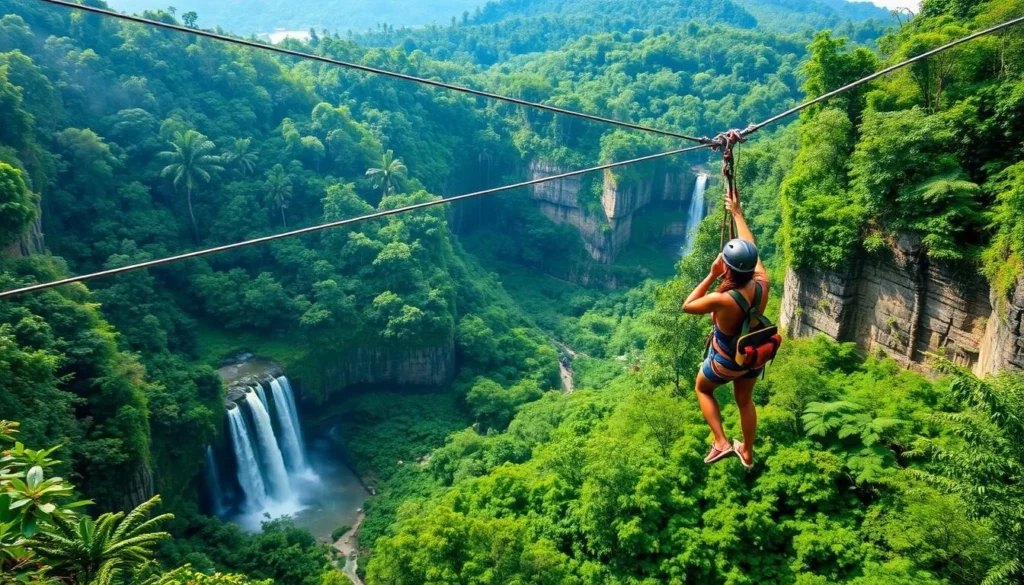 Tourist ziplining across Tad Fane waterfall gorge in Bolaven Plateau near Pakse, Laos