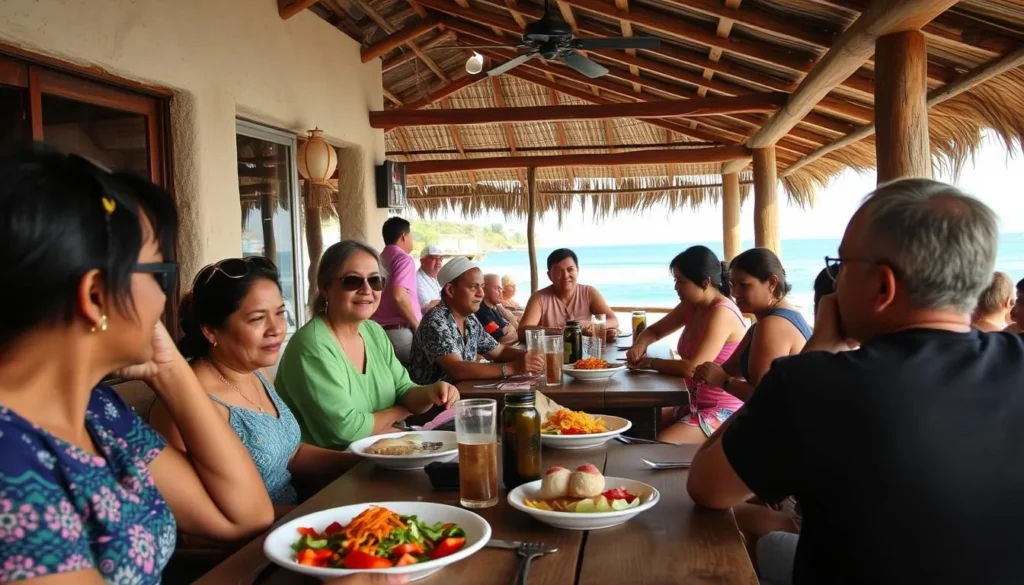 Tourists and locals interacting at a beachside restaurant in Chacahua