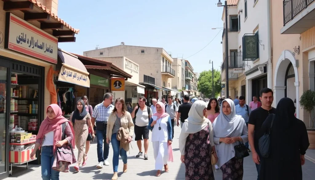 Tourists and locals walking peacefully through Baalbek town center