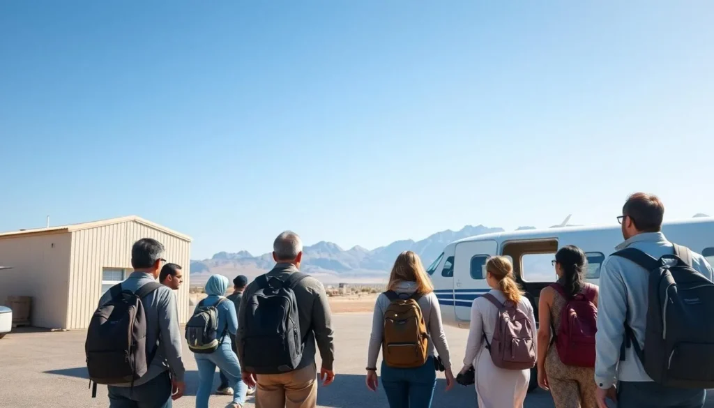 Tourists arriving at Socotra's small airport with mountains visible in the background