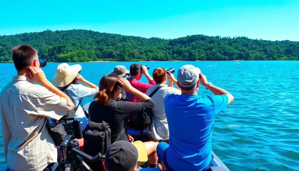 Tourists birdwatching from a boat on Nam Theun 2 Reservoir with binoculars and cameras