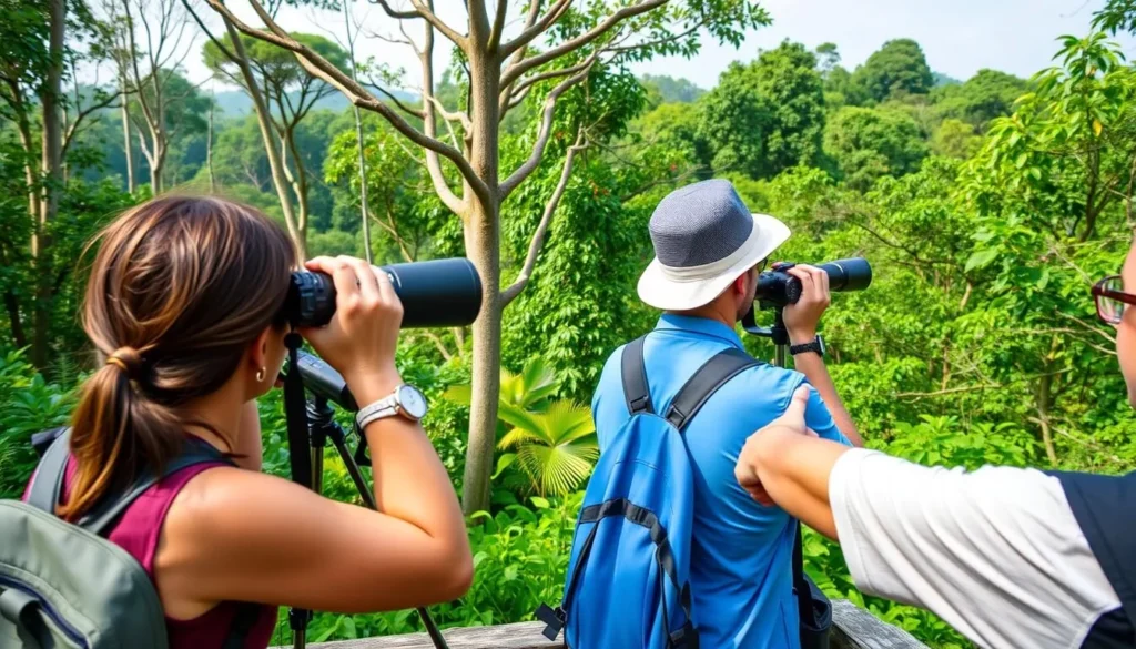 Tourists birdwatching in Patuca National Park with binoculars and spotting scope Tourists birdwatching in Patuca National Park with binoculars and spotting scope