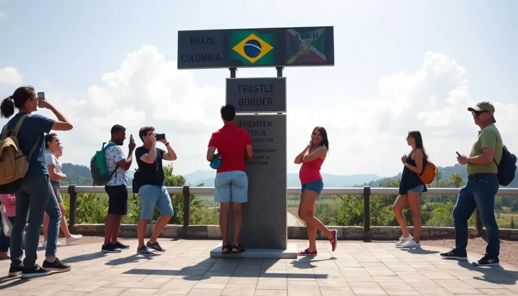 Tourists crossing the triple border marker between Colombia, Brazil and Peru near Leticia Tourists crossing the triple border marker between Colombia, Brazil and Peru near Leticia