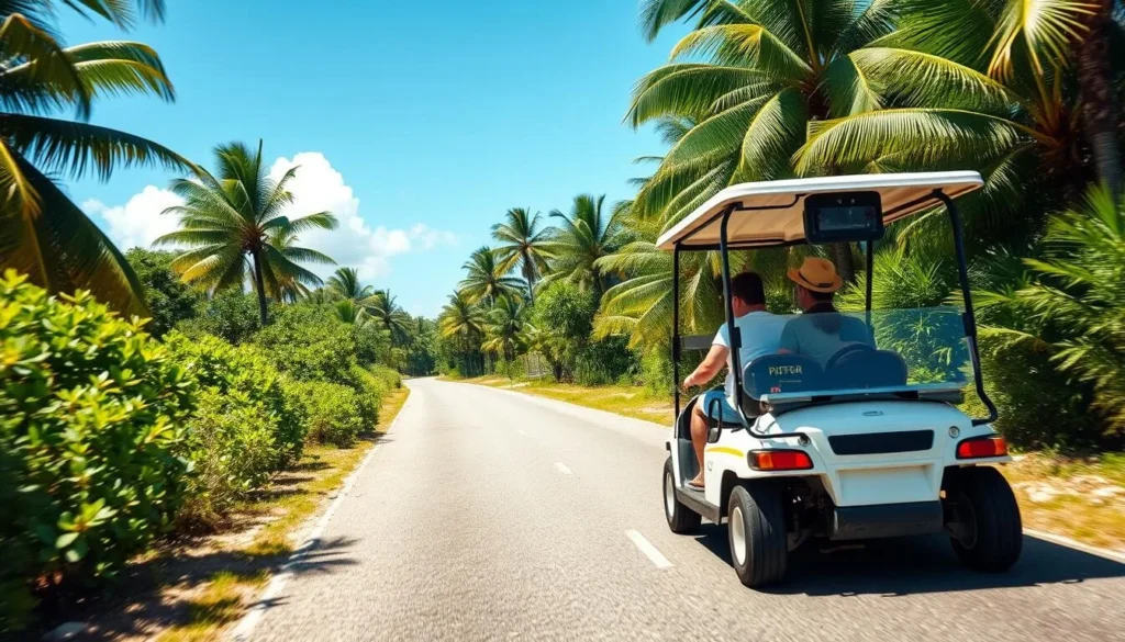 Tourists driving a golf cart on Water Island's main road with tropical scenery