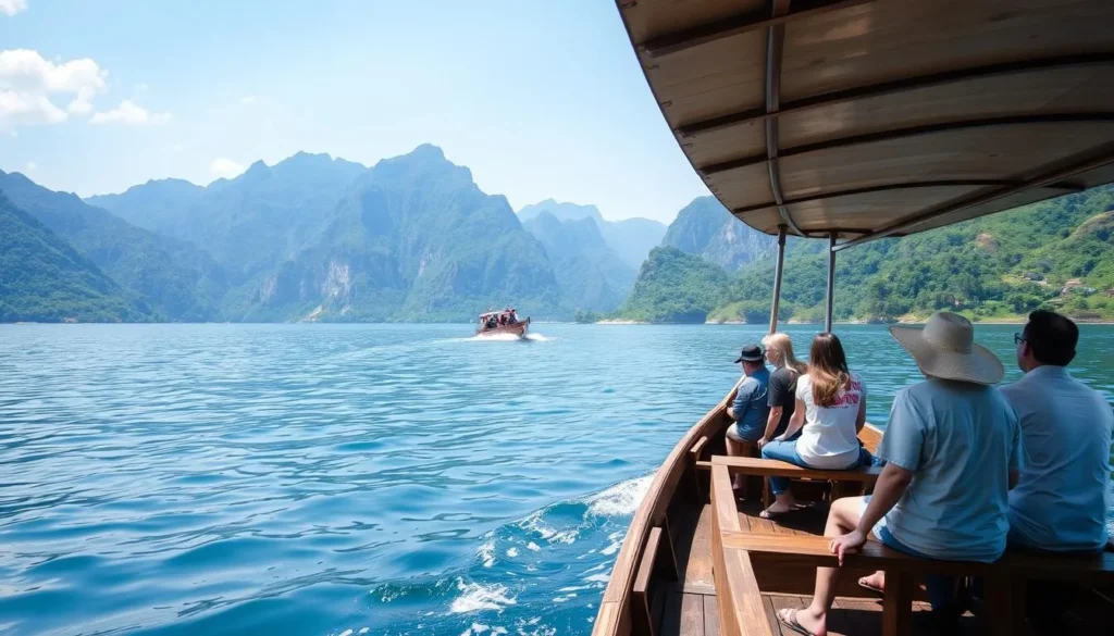 Tourists enjoying a boat ride on Lake Singkarak with mountain backdrop Tourists enjoying a boat ride on Lake Singkarak with mountain backdrop