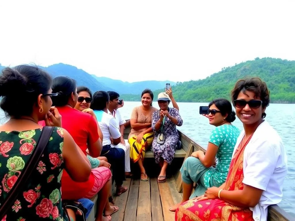 Tourists enjoying a boat safari on Randenigala Reservoir in Sri Lanka