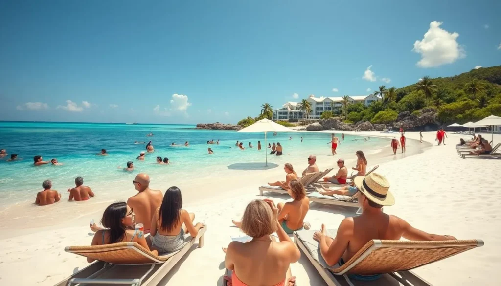 Tourists enjoying a perfect day at Maundays Bay beach during peak season with clear skies