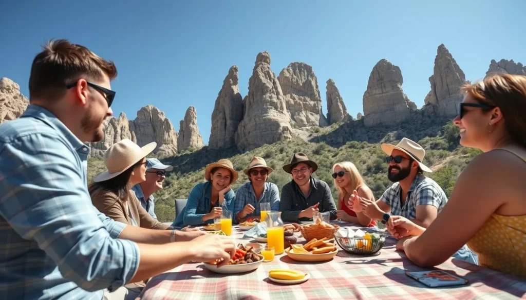 Tourists enjoying a picnic with view of rock formations in Sierra de Organos National Park