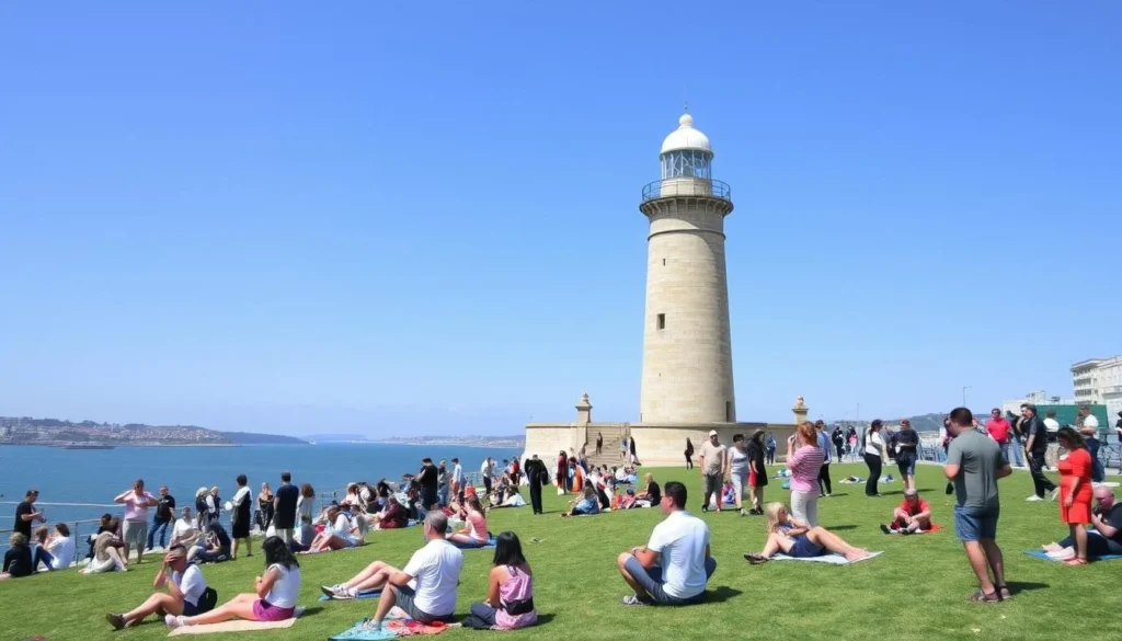 Tourists enjoying a sunny day at Plymouth Hoe with Smeaton's Tower in the background