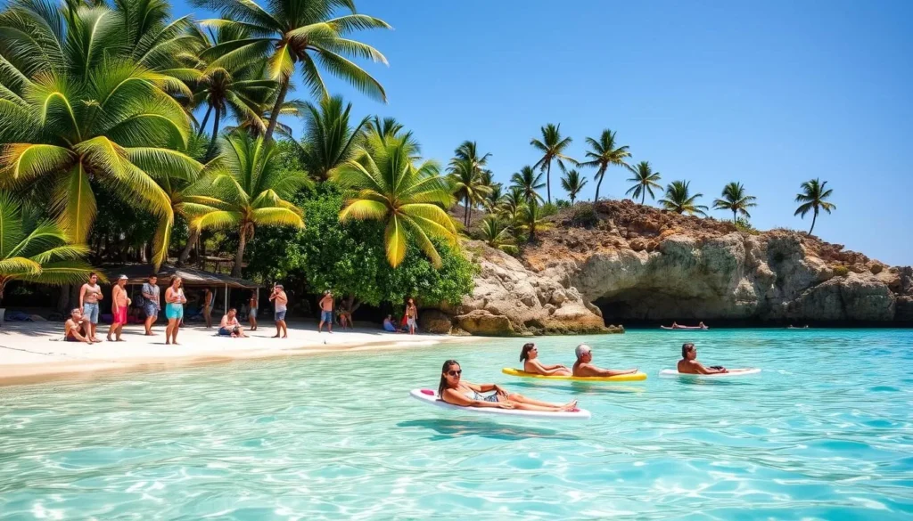 Tourists enjoying a sunny day at one of Huatulco National Park's beautiful beaches with clear blue skies